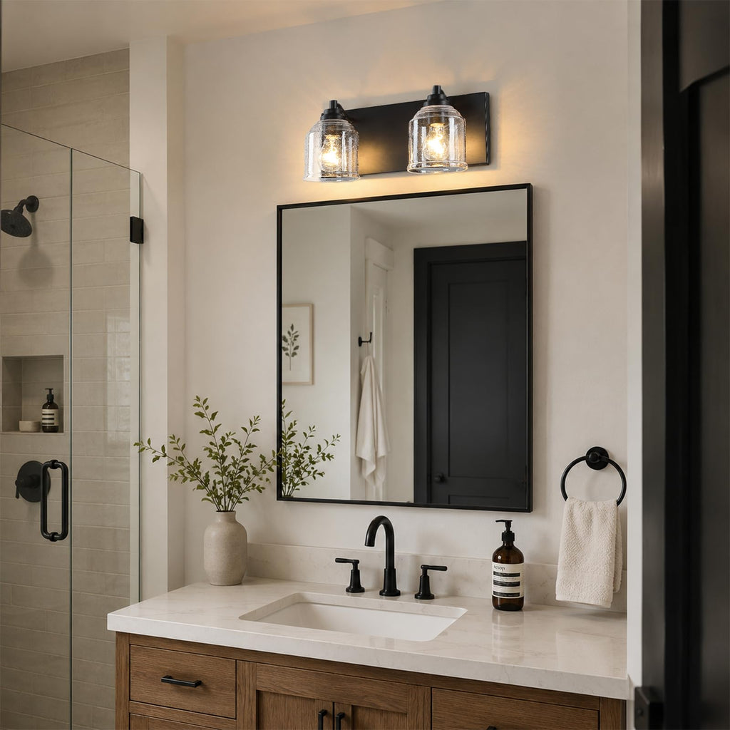 16" 2-Light Farmhouse Bathroom Vanity Light with Bubble Glass, Black