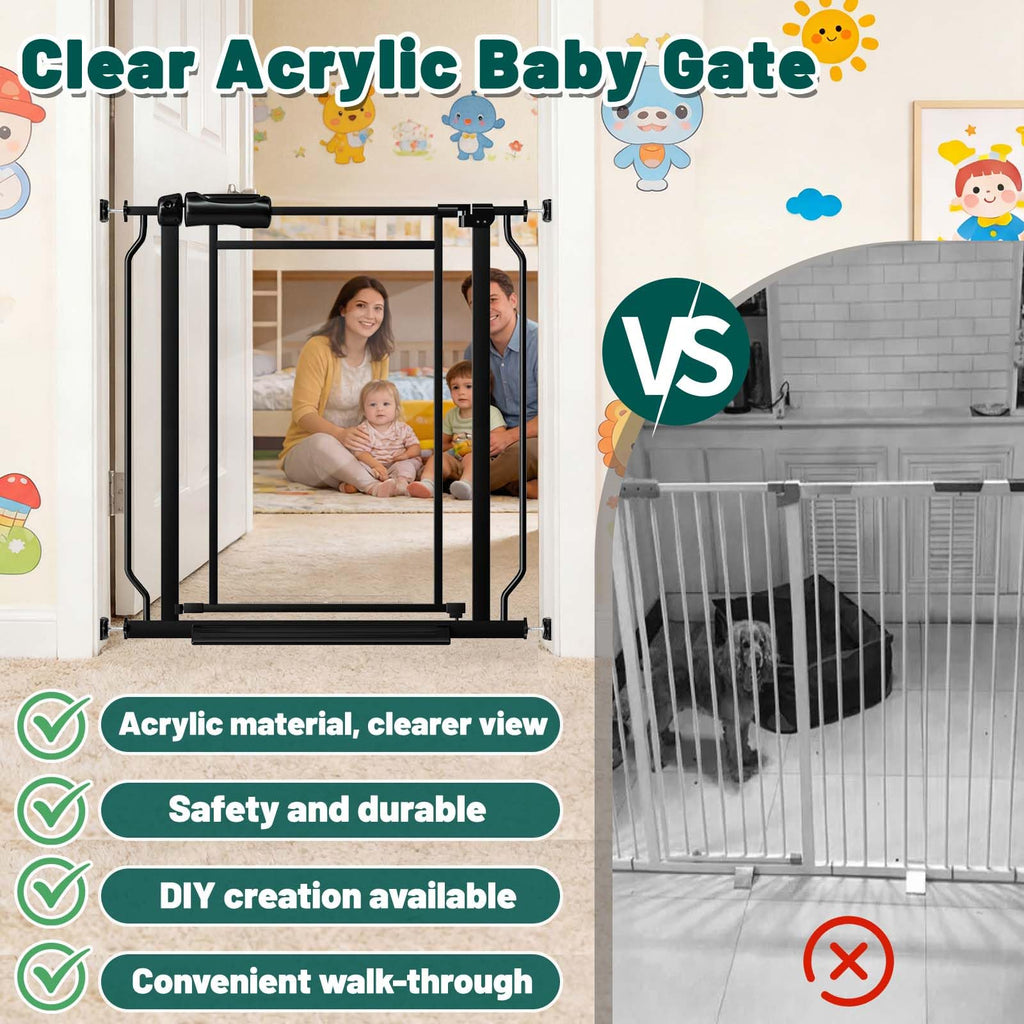 29.5-48 Inch Wide Triple Lock Clear Baby Gate Pressure Mounted