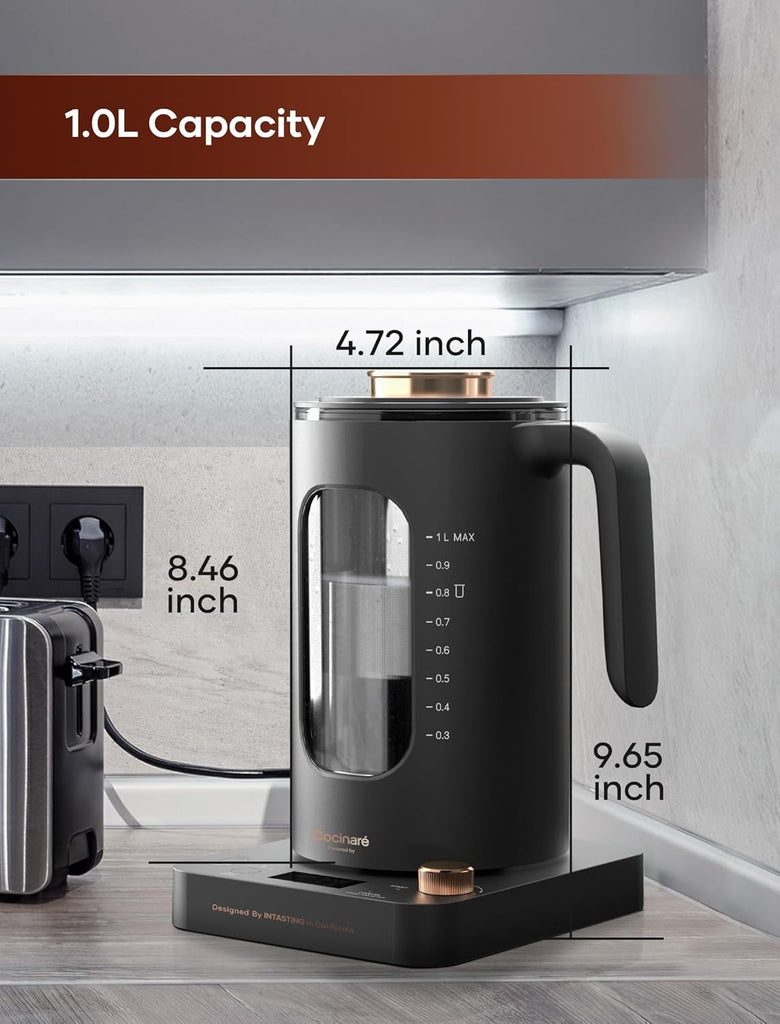 Electric Tea Kettle with Infuser, 1°F Temperature Control, 1 Liter | 1200W Fast Heating, BPA-Free Glass, Easy to