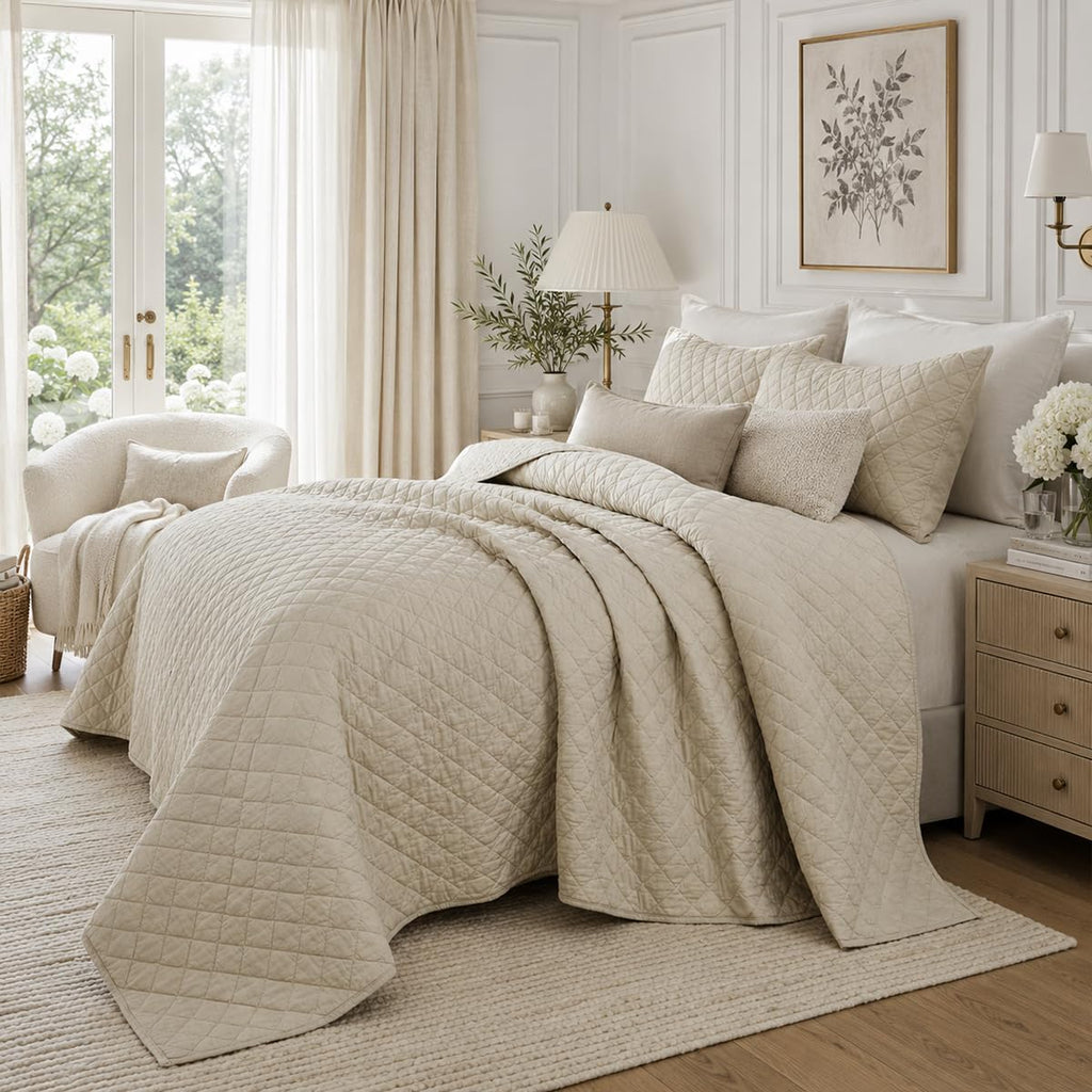 Beige Plaid Stitched Quilt Set Cotton All Season Coverlet