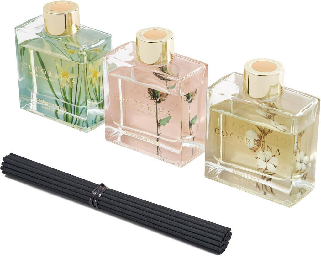 Reed Diffuser-3 Pack/ 3.04 Fl.oz Diffuser with 24 Sticks Cashmere Vanilla/Sandalwood Rose/Clean Linen Reed - Set of 3