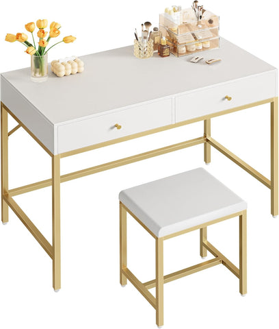 35.4" White and Gold Desk with 2 Drawers, Modern Makeup Vanity with Padded Stool