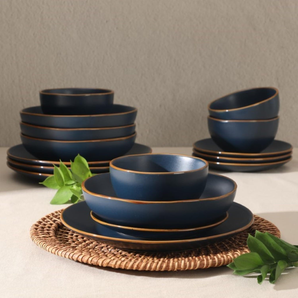 Hazeltine 16-Piece Navy Blue Stoneware Dinnerware Set - Plates and Bowls, Durable Ceramic Kitchen Dinner Set