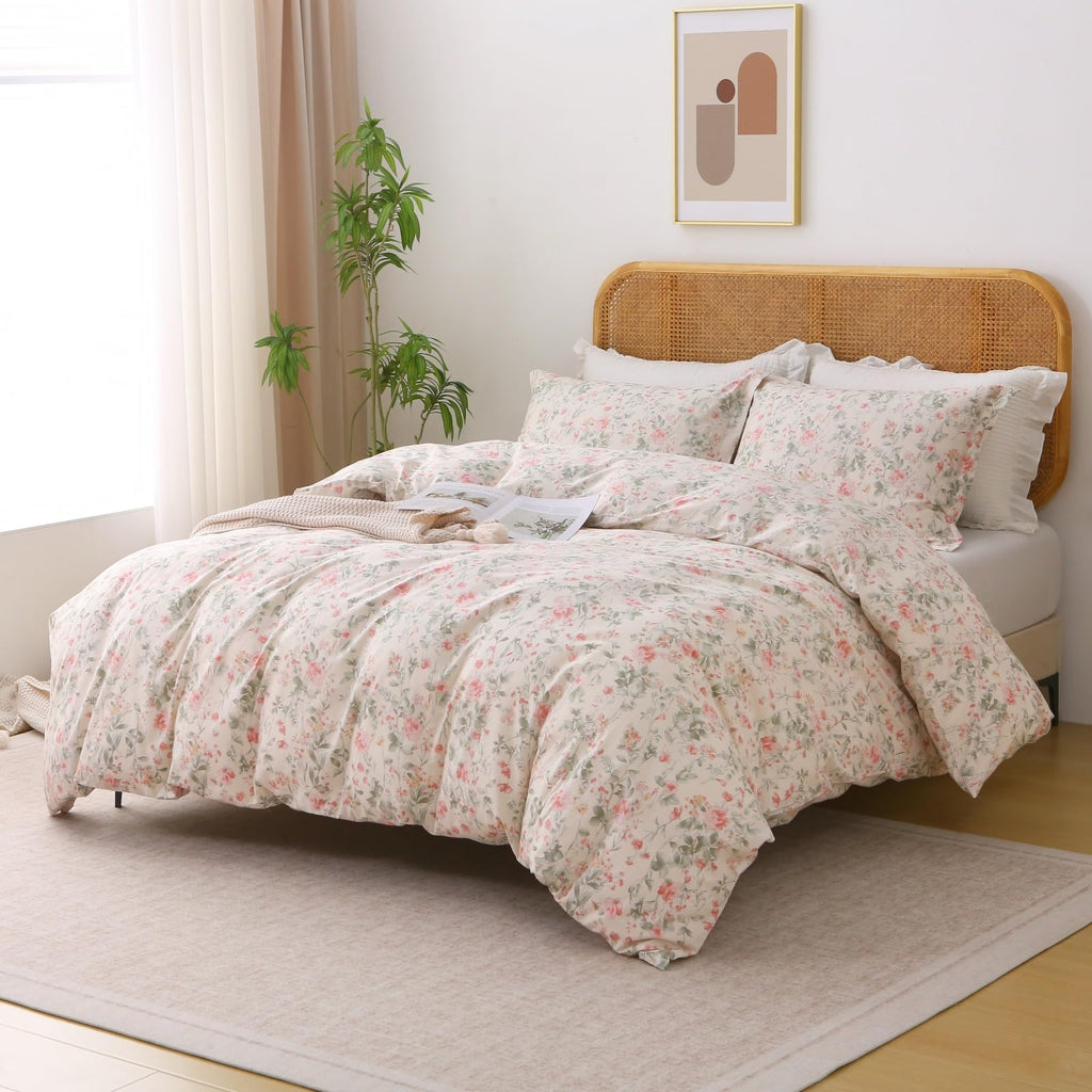 100% Cotton Duvet Cover Floral Bedding Set 3 Pieces Pink Floral Leaf Print Cottage Core Duvet Cover Set