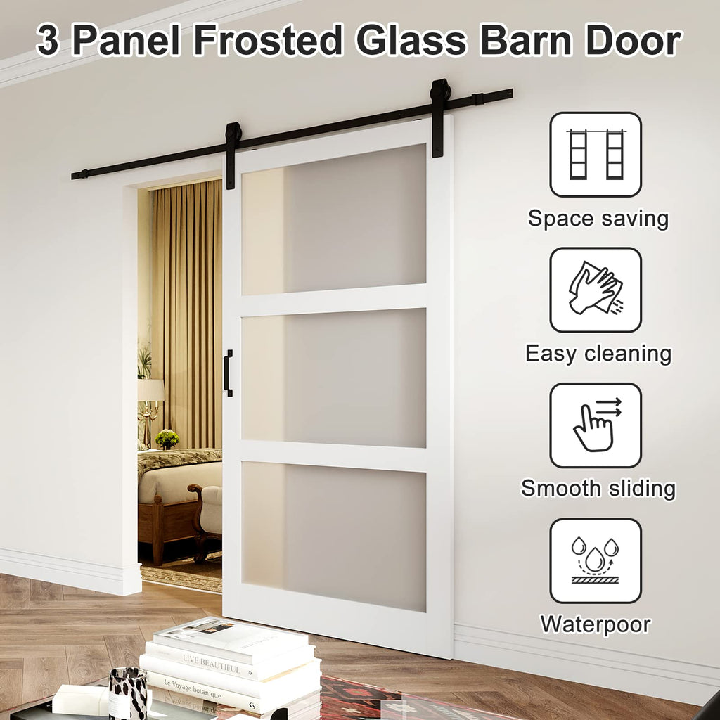 Frosted 3 Panel Glass Sliding Barn Door 42''×84'' Barn Door, Hardware Kit Included, Assembly Needed, Water-Proof PVC