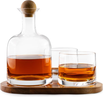 Whiskey Decanter Set with Glasses, Wood Tray and Stopper - Set of 5
