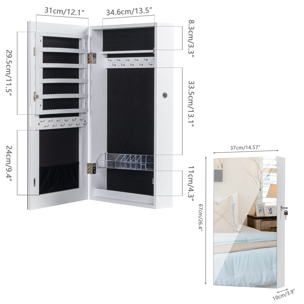 Lockable Jewelry Cabinet Armoire with Frameless Mirror - White