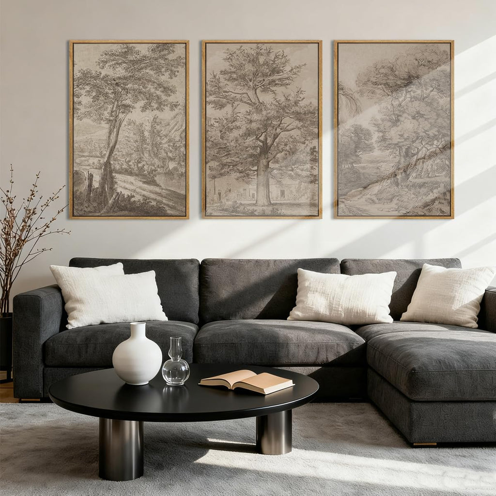 Extra Large Wall Art Framed Vintage Tree Sketch Antique Botanical Forest Prints Rustic Farmhouse Nature Decor Bedroom