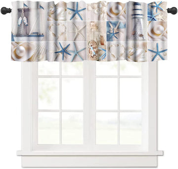 Nautical Valance Curtain Coastal Lighthouse Starfish Collage Plaid Art Printed Window Drapes Kitchen Decor W54xL18in