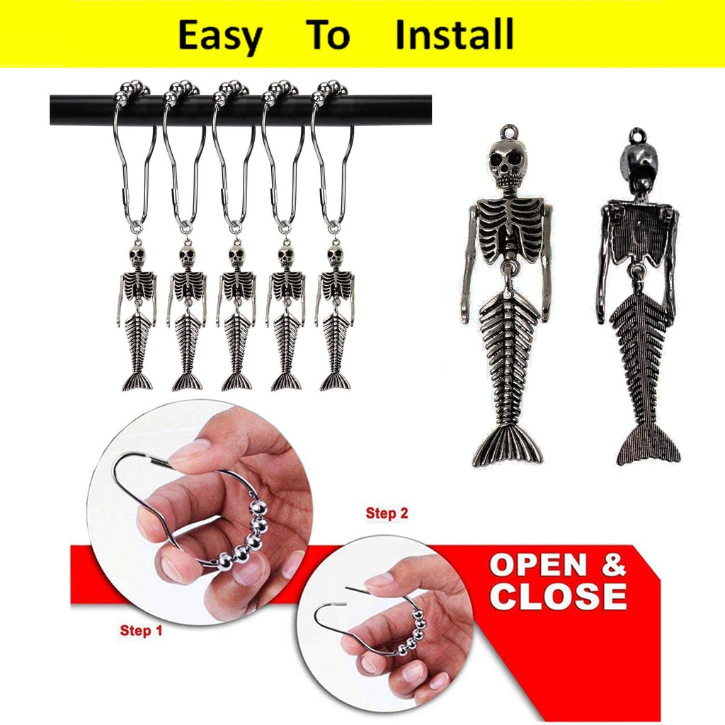 12Pcs Mermaid Skeleton Shower Curtain Hooks Halloween Decorative Home Bathroom Decor Rustproof Skeletons Shower