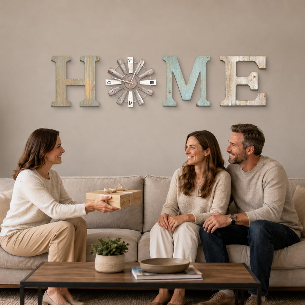 Farmhouse Home Signs with Windmill Clock Wall Decor Rustic Home Letters Wall Art Kitchen Entryway Dining Room Bedroom