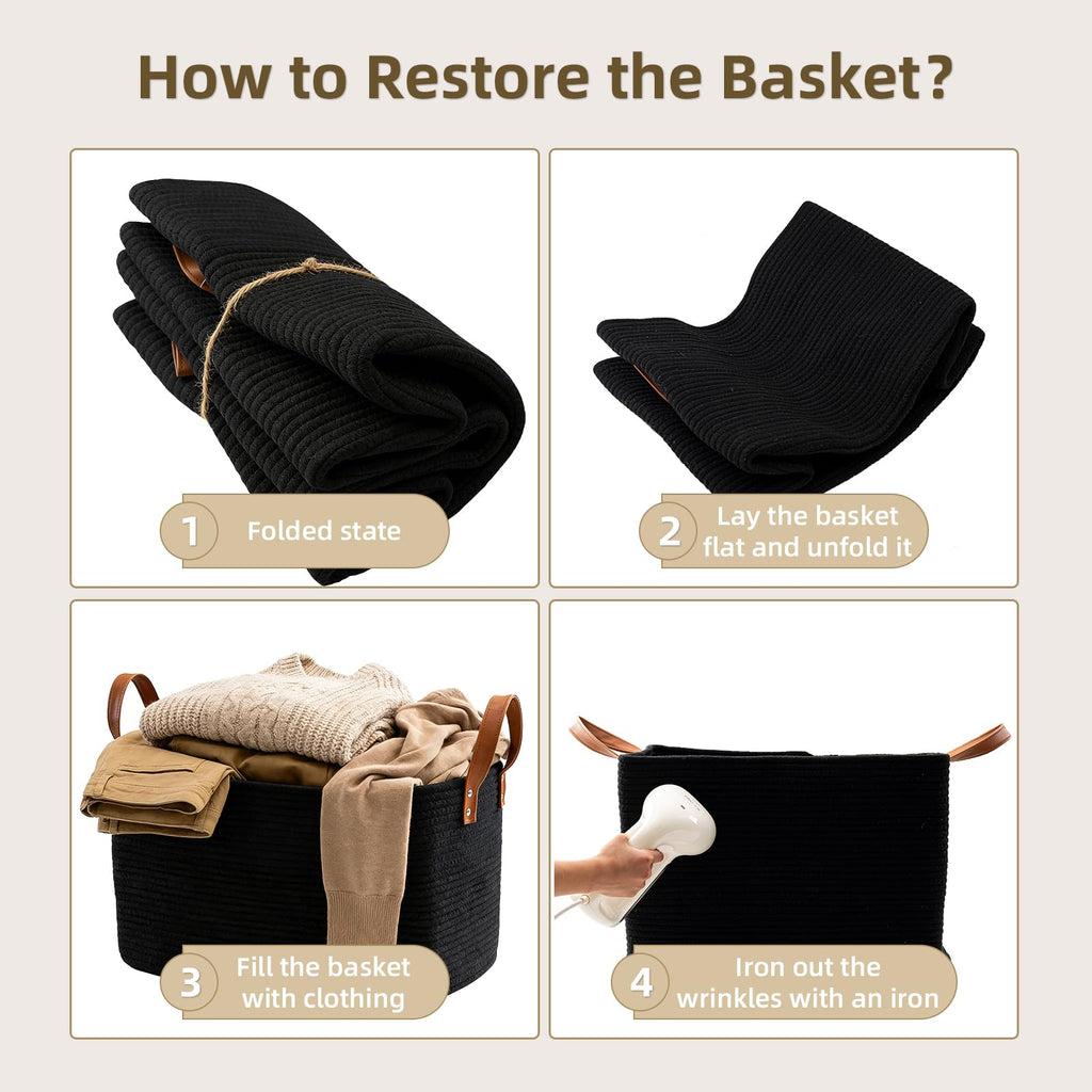 89L Extra Laundry Basket with Leather Handles, Woven Cotton Rope Blanket Basket, Toy Bin for Baby Room, Laundry Hampers