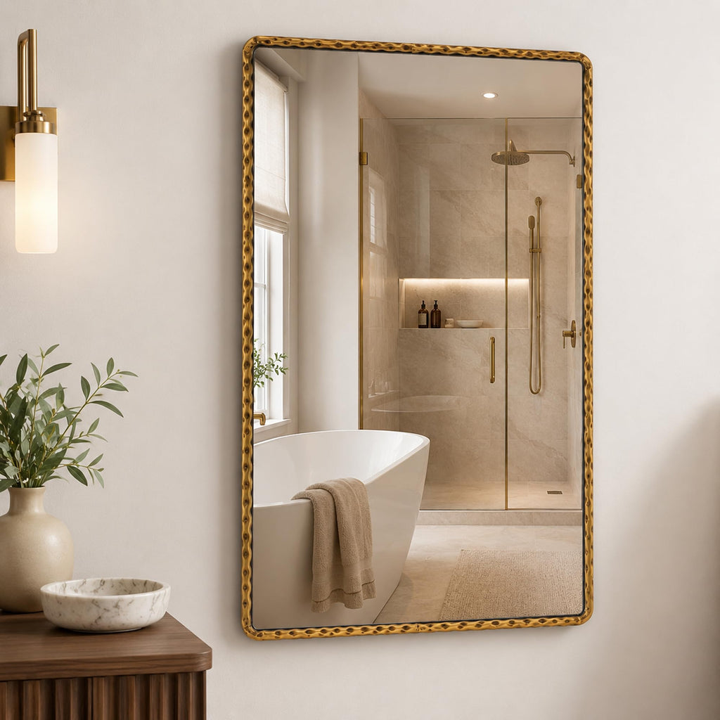 24"x36" Hammered Antique Gold Bathroom Mirror, Rounded Rectangle