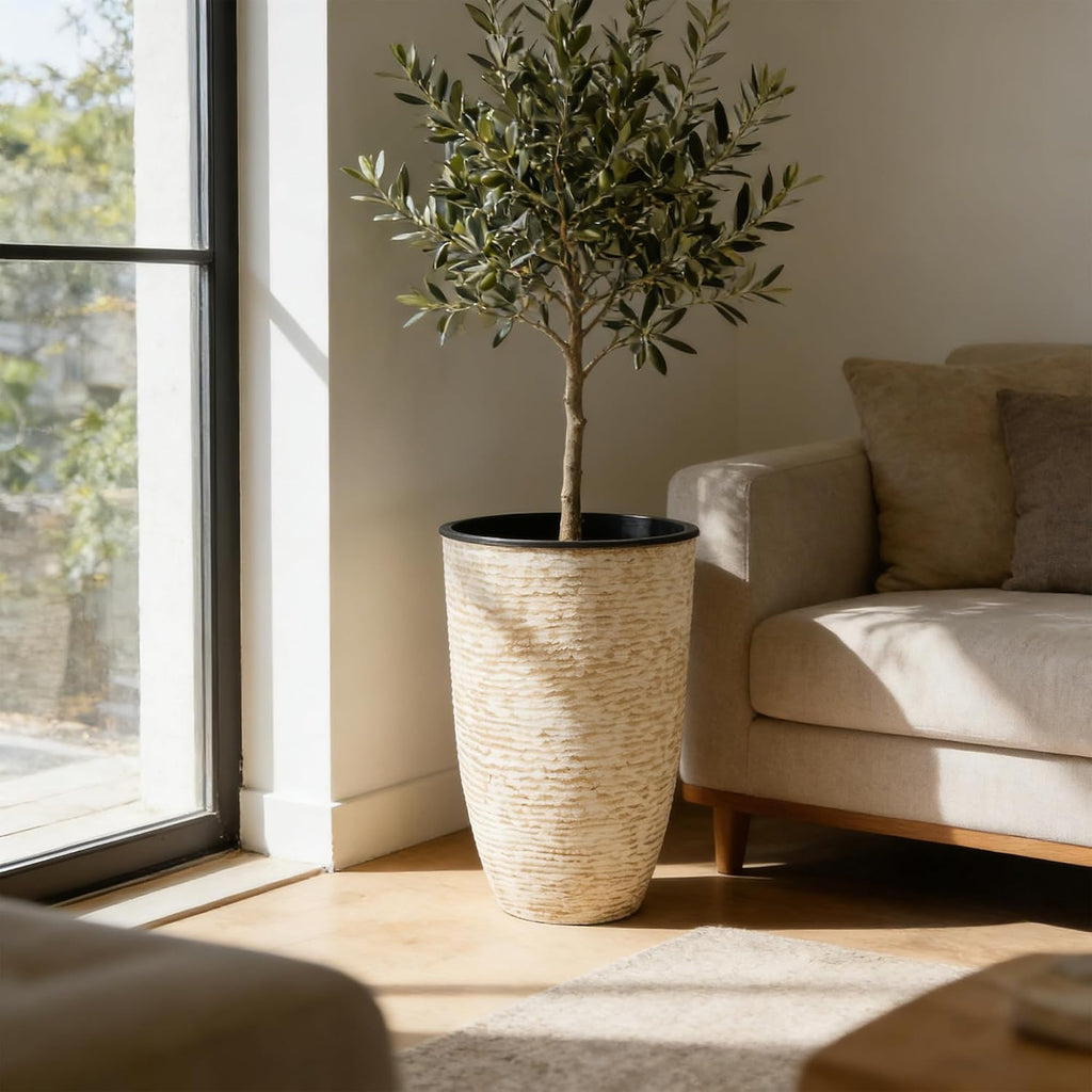 21" H Beige Tall Planters set of 2 with Inside Pots - 14'' Dia Large Round Plant Tree Pots with Drain Hole