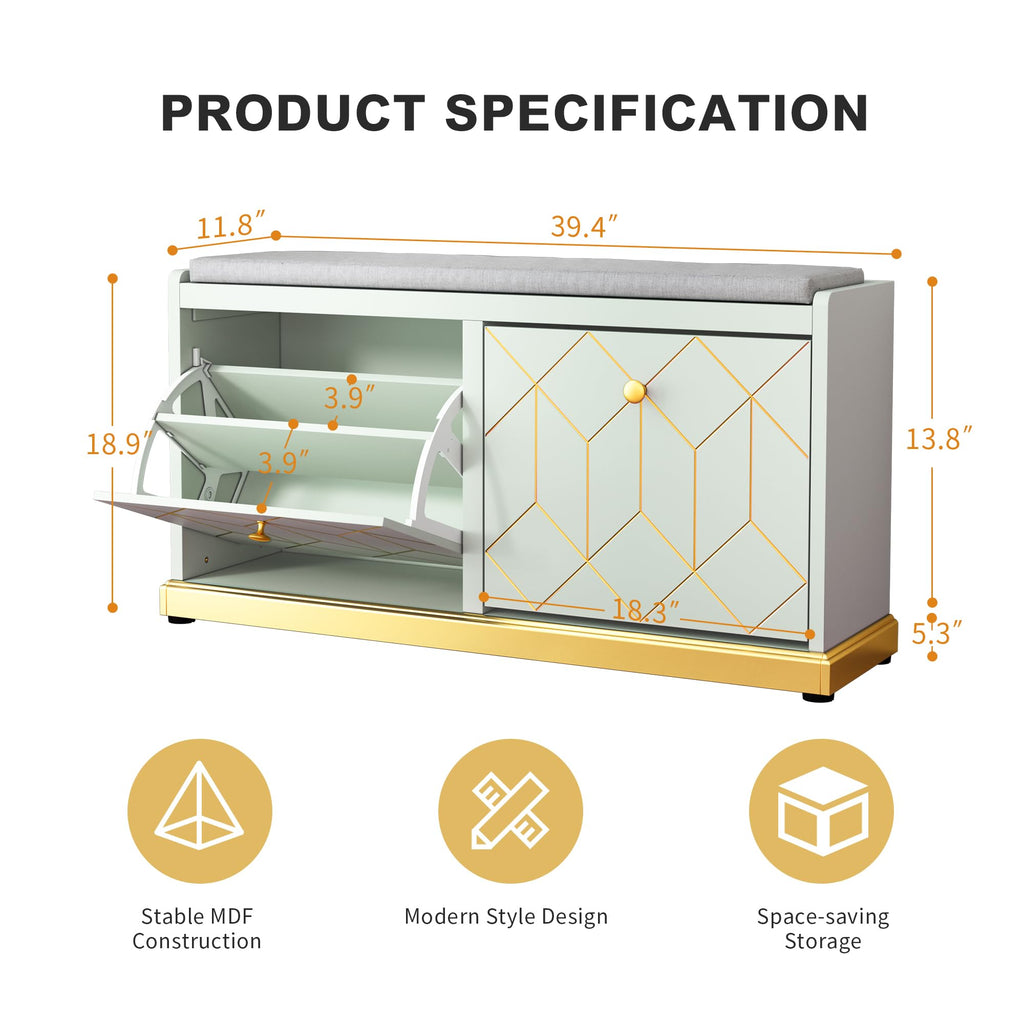 Shoe Storage Bench with 2 Flip Drawer & Padded Cushion Seat