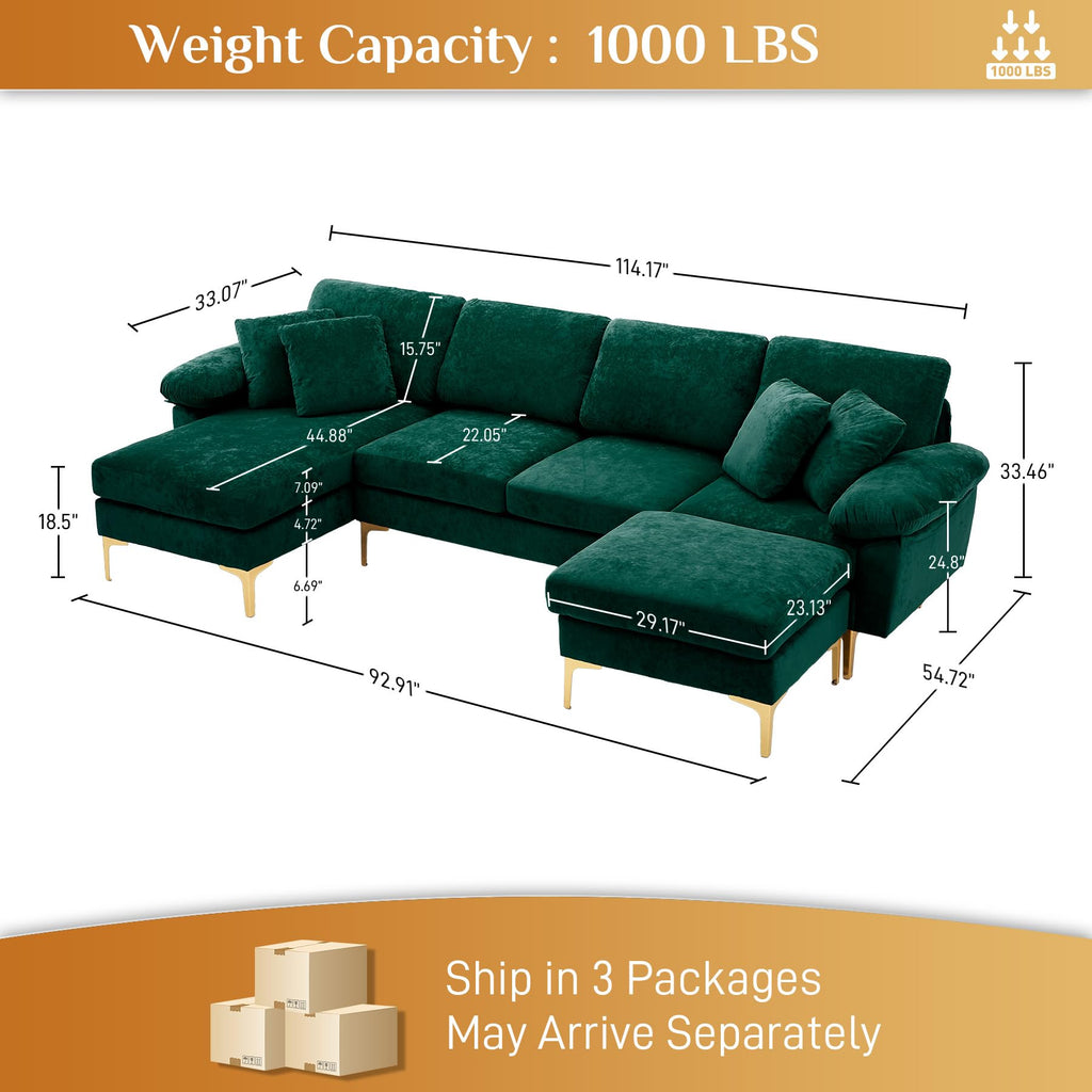 114" U-Shaped Sectional Couch with Ottoman, Emerald Green