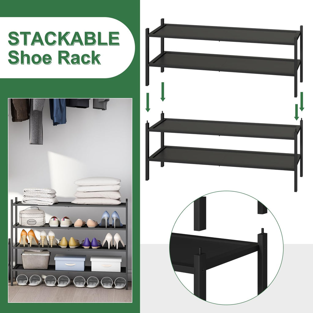 Black Shoe Rack, 4-Tier Bamboo Wood Shoe Rack, Stackable Bamboo Wood Shoe Shelf for Closet, Entryway & Hallway