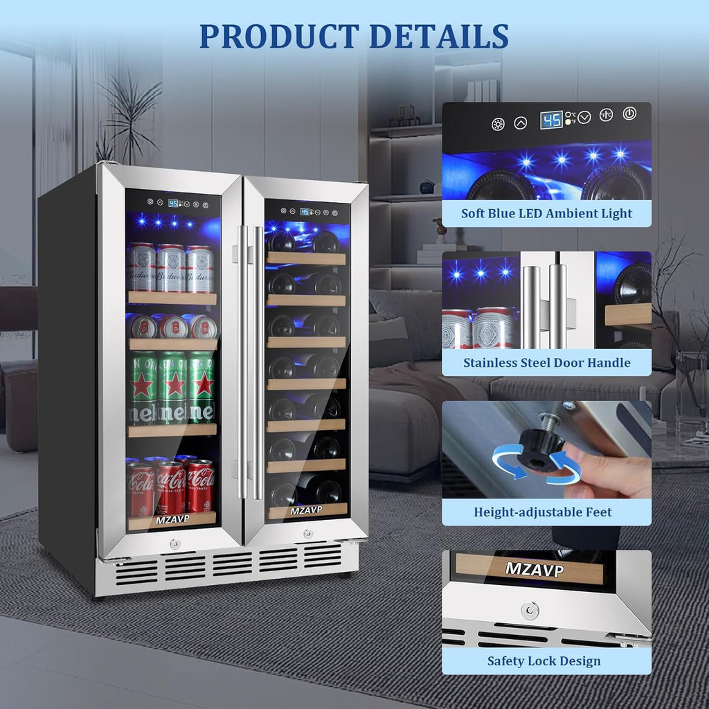 24 Inch Wine and Beverage Refrigerator, Dual Zone Beverage Cooler with Glass Doo