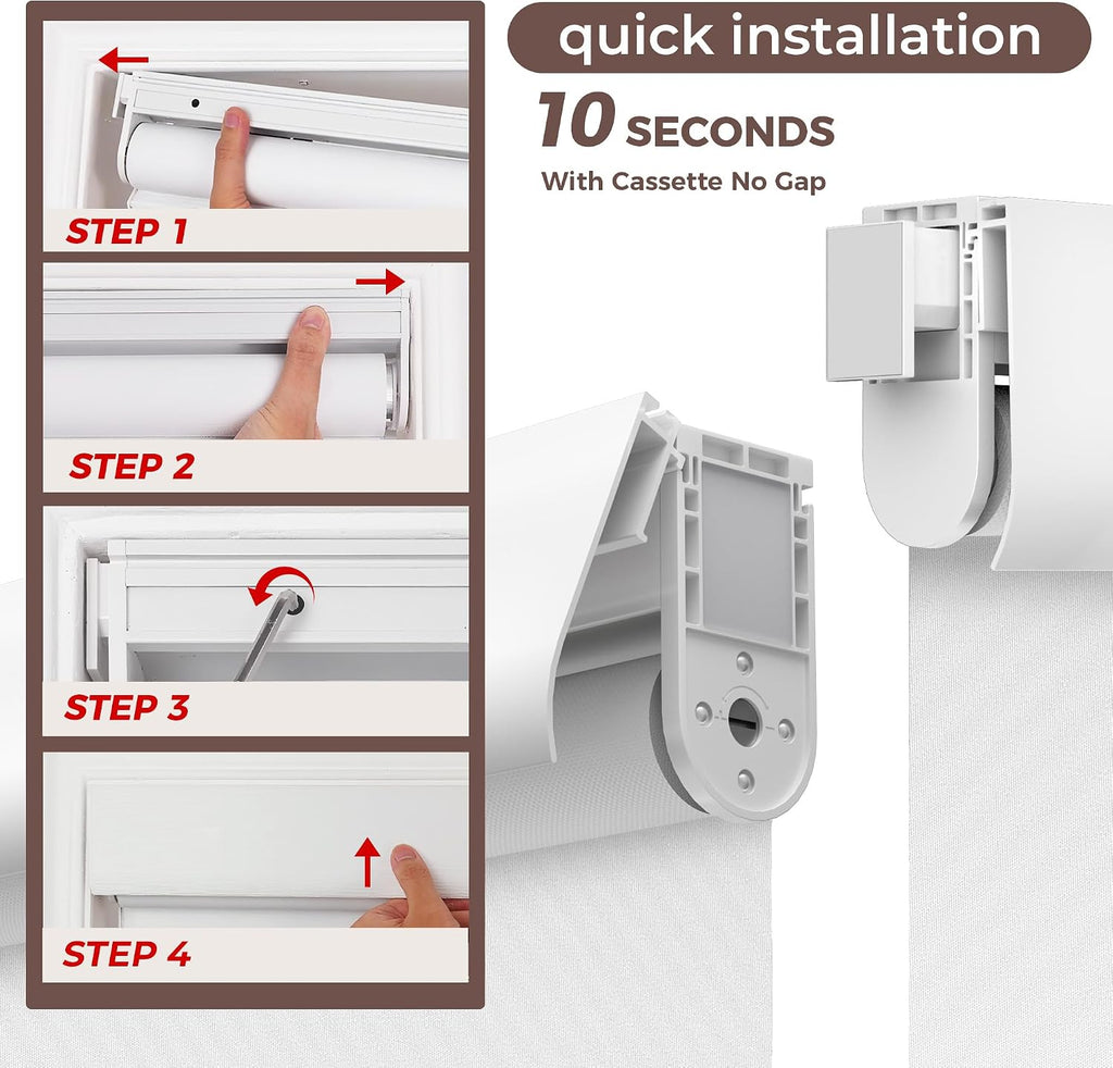 No Drill No Tools Blackout Roller Shades for Windows, (White 34 x 48), Renter-Friendly, UV Protection, no-Drill
