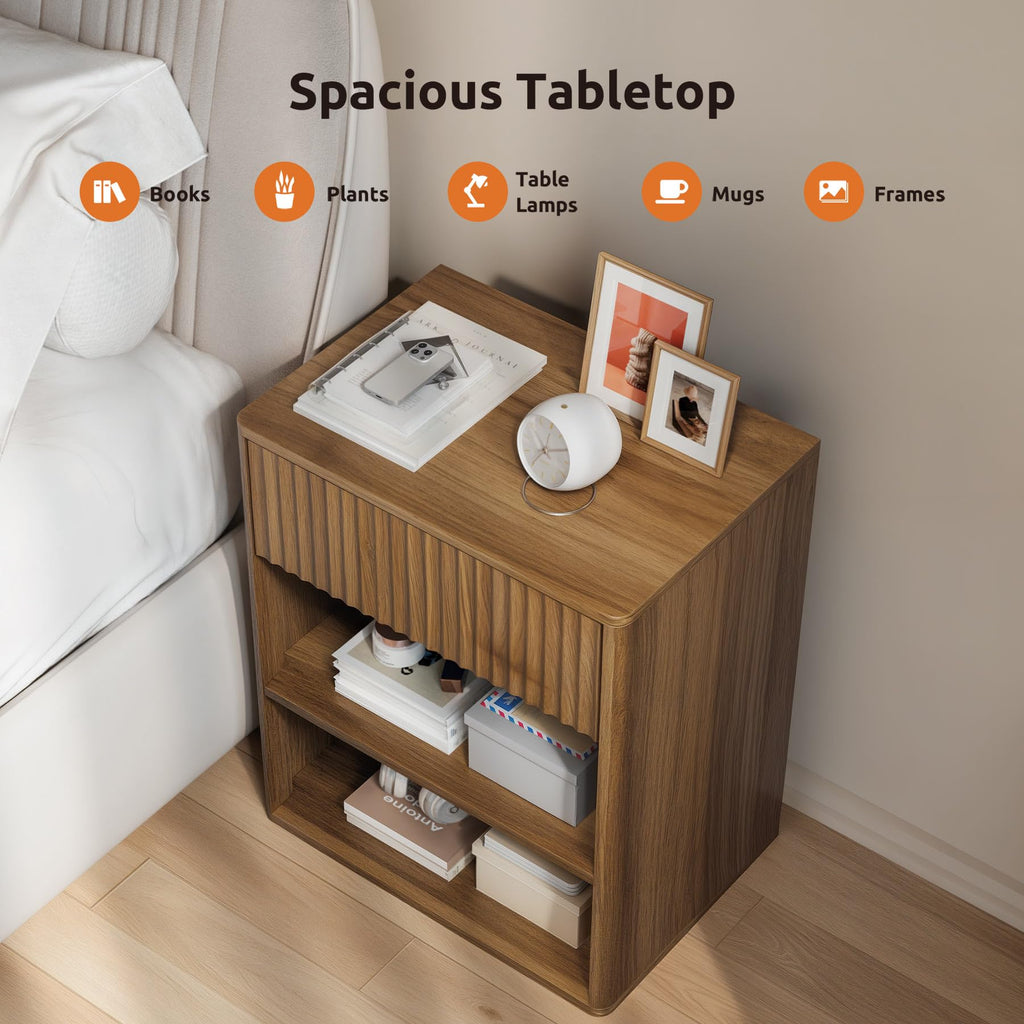 Nightstand Bedside Table Storage Drawer - Large Mid Century Modern Night Stand with Fluted Wood Storage Drawer and