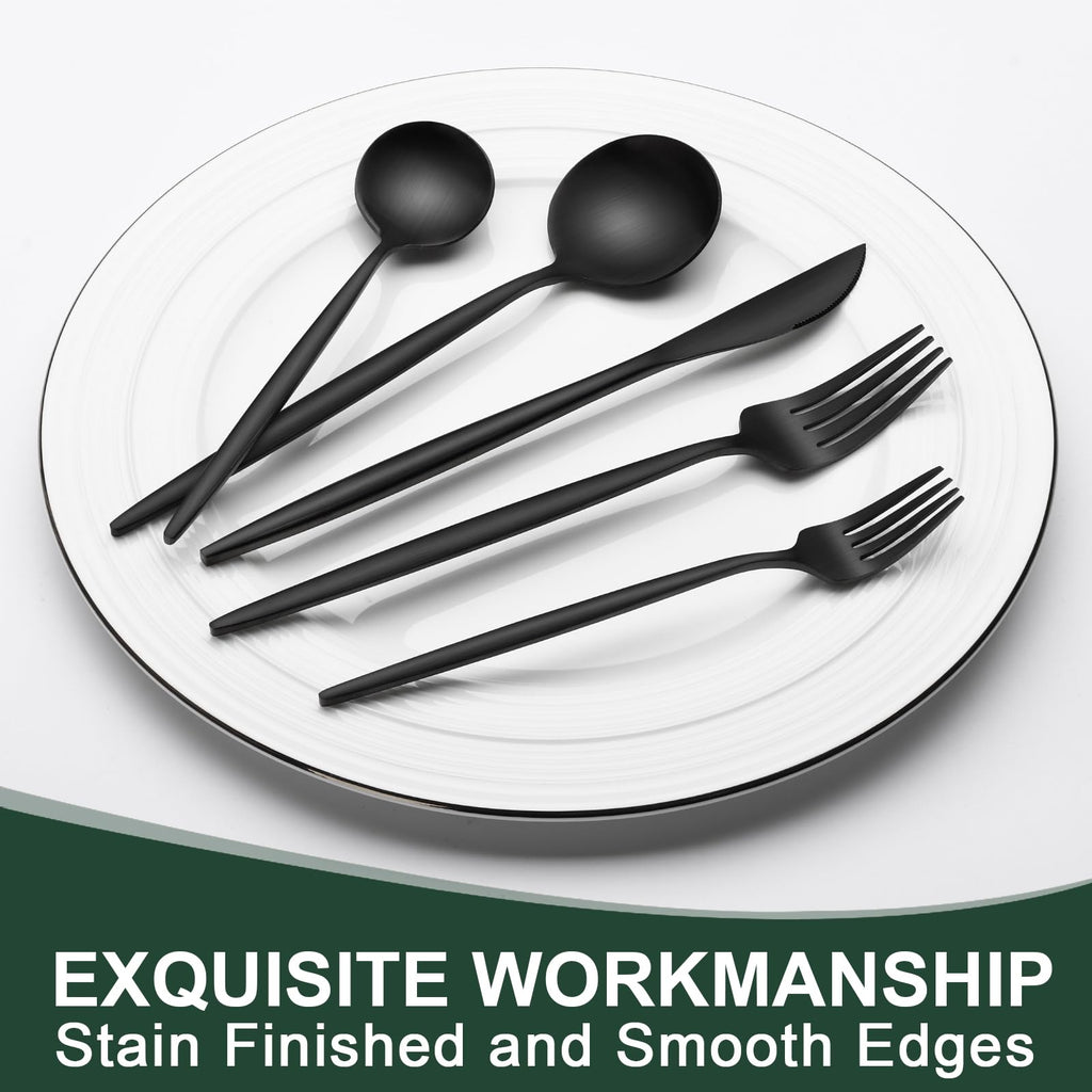 Matte Black Silverware Set 30 Piece, Stainless Steel Flatware Set Service for 6, Cutlery Utensil Sets Restaurant