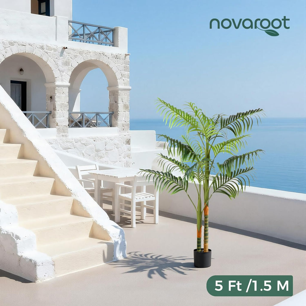 5FT Artificial Palm Tree Tall Plant with Planter & Moss, Realistic 2-Trunk Artificial Tree with Lights, Lifelike
