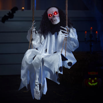 36" Hanging Clown Outdoor Halloween Decorations, Swinging Skeleton Decor with Light Up Eyes Button Battery Operated