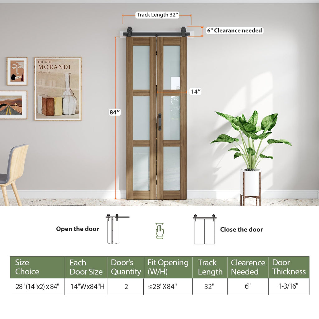 Bifold Frosted Glass Barn Doors Brown 28X84, Hardware Kit Included