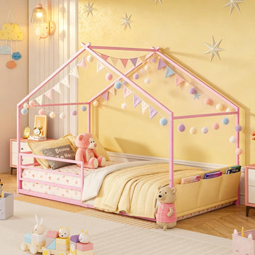Metal Montessori House Bed for Kids, Pink