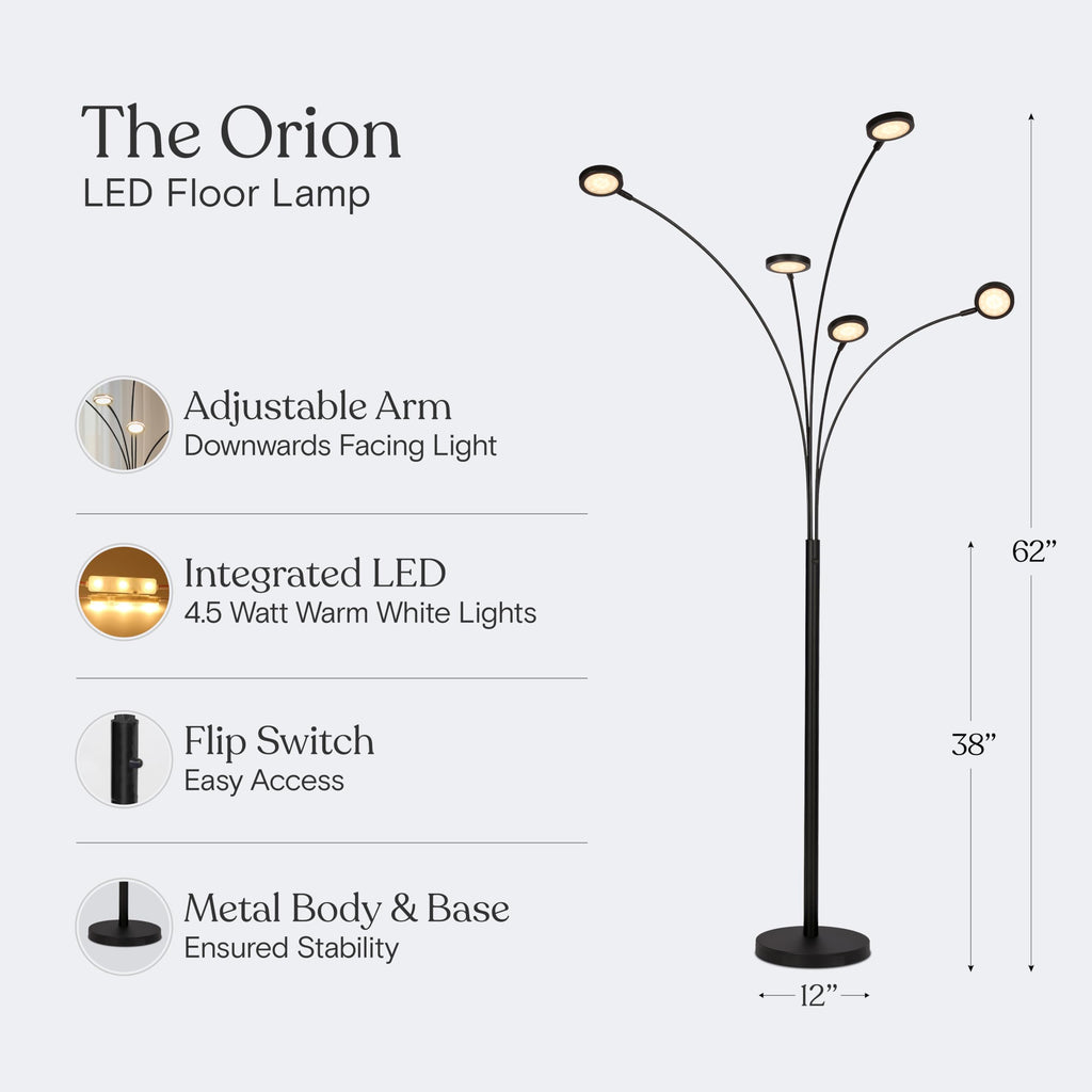 Orion Arc Floor Lamp, Dimmable Tree Floor Lamp with 5 Adjustable Arms, Multi-Head Standing Lamp with Flexible