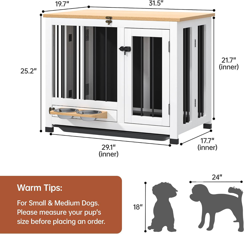 31.5" Dog Crate Furniture with Detachable Tray & 360° Rotating Feeder