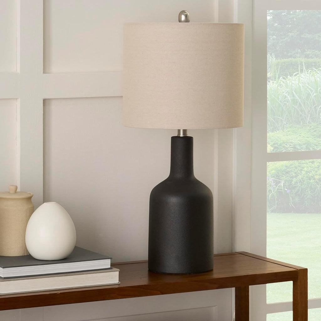 Home 22" Matte Black Ceramic Table Lamp with Oatmeal Shade for Modern, Transitional, Bedside Table, 