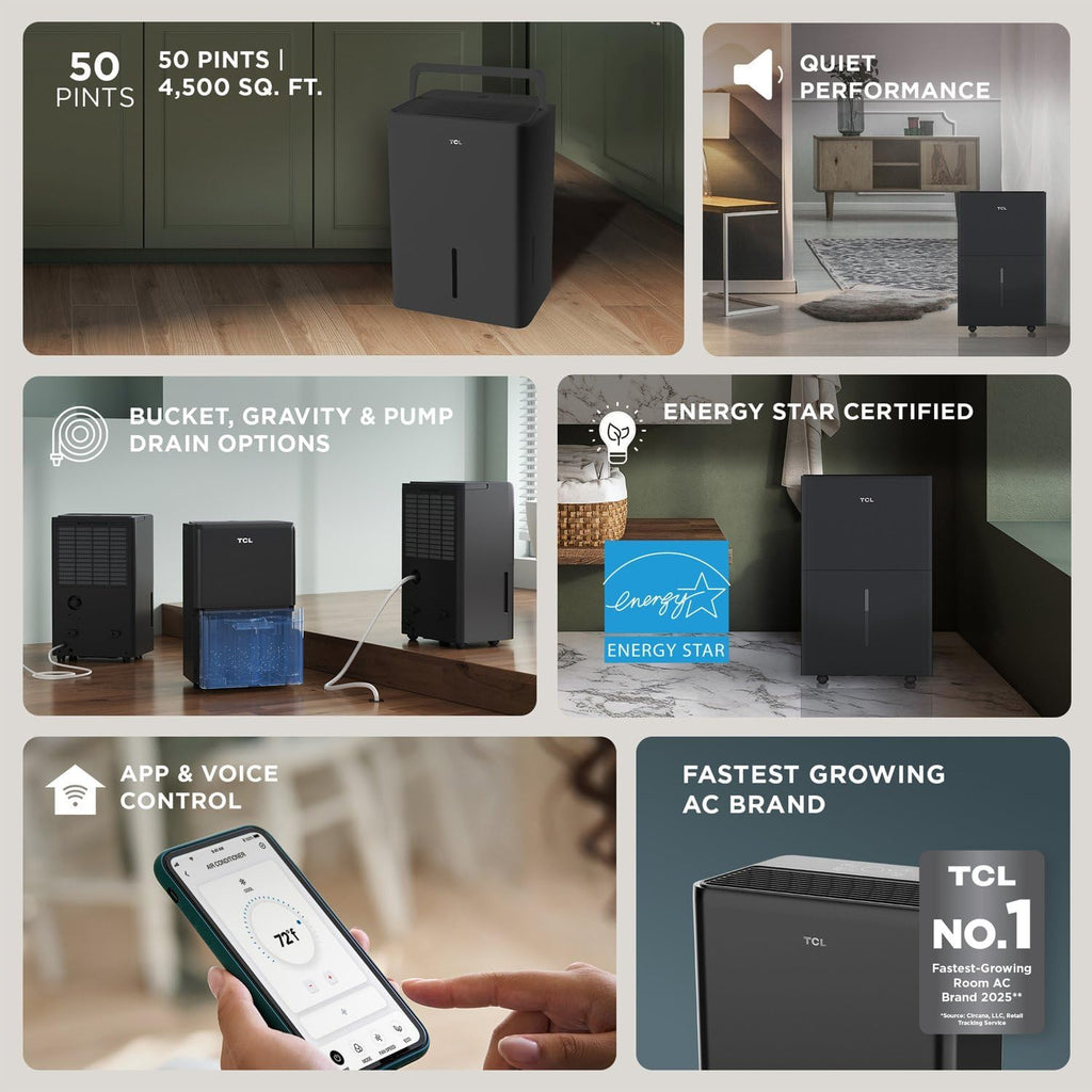 50-Pint Capacity Quiet, Energy Efficient Portable Smart Dehumidifier with Pump, Bucket or Continuous Drain