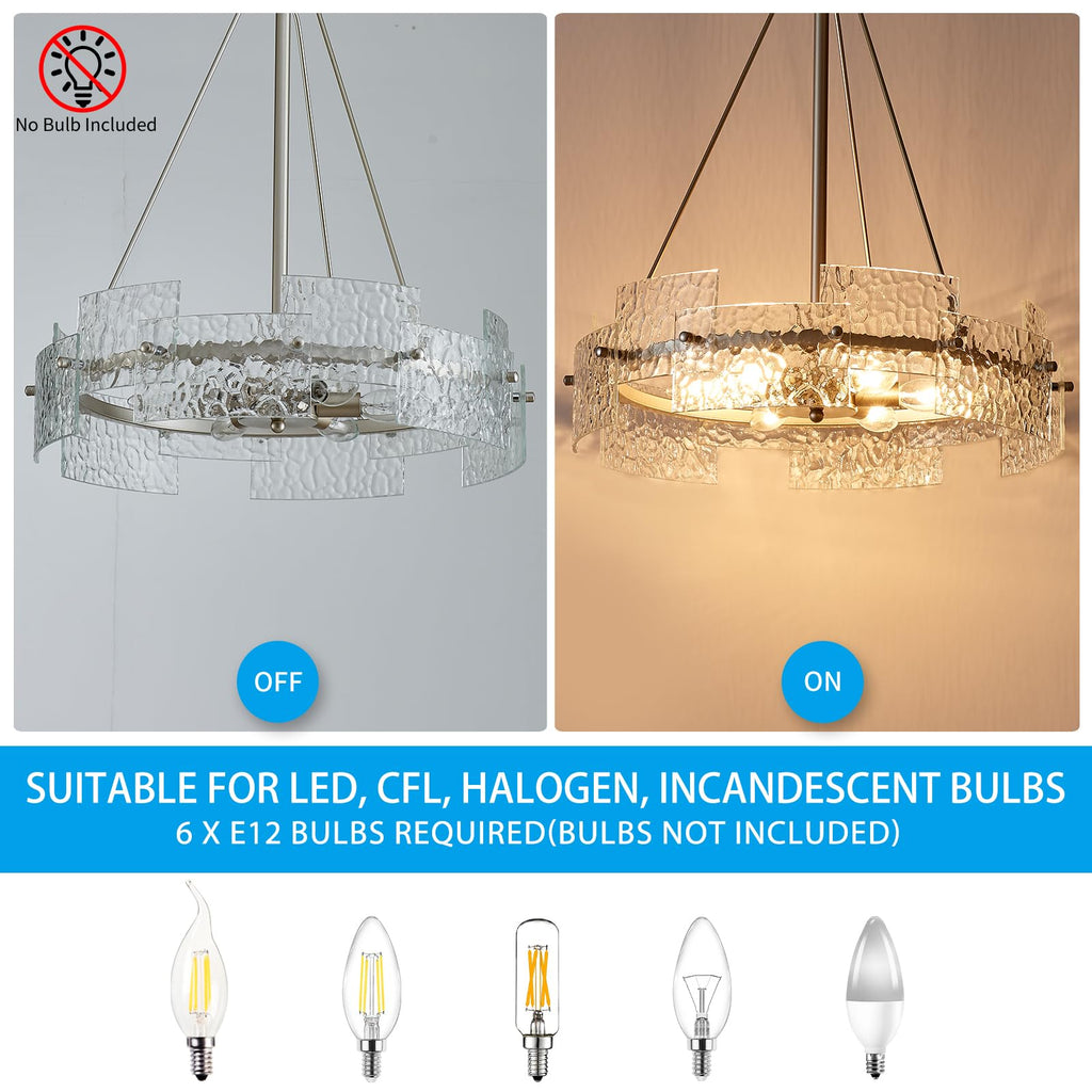 Modern Farmhouse Chandelier 6-Light Silver Glass Drum Chandeliers 19.7" Height Adjustable Water Ripple Rustic Pendant