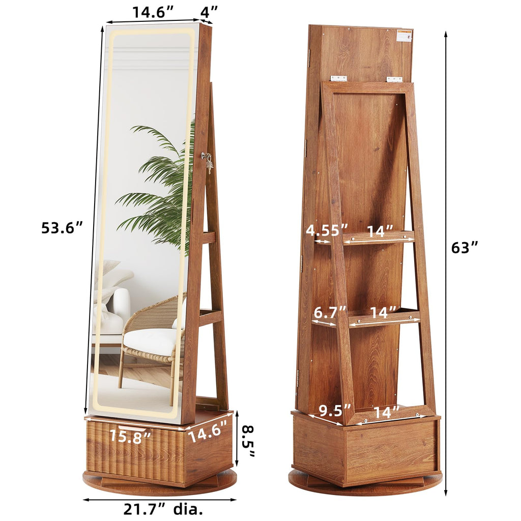 Fluted 360° Swivel Jewelry Armoire Standing with Full Length Mirror