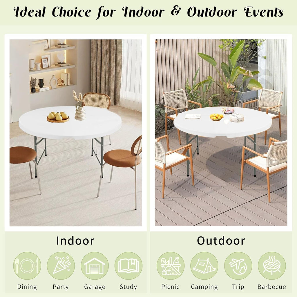 Round Folding Tables White Foldable Table, Fold-in-Half with Carrying Handle Portable Plastic Table for Party