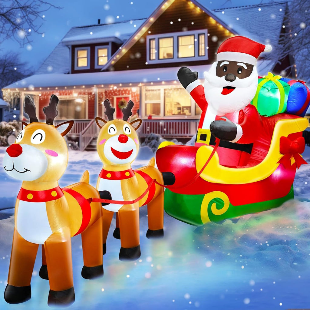 8 Ft Long Christmas Inflatables Black Santa Claus On Sleigh with Reindeer