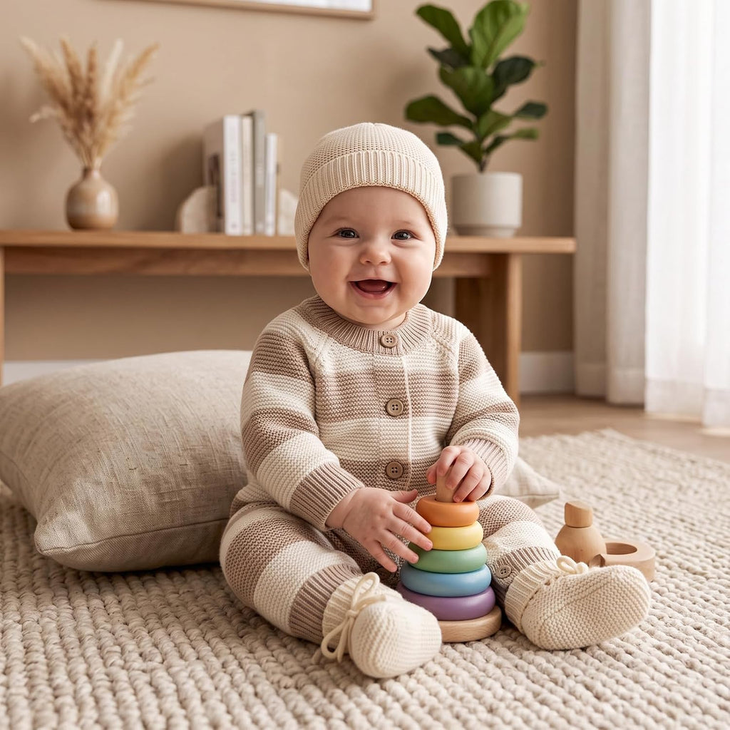 Knit Cotton Newborn Piece Set with Romper, Hat/Hair Band, Booties