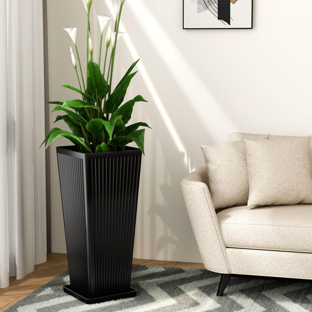 24" Tapered Tall Planters for Outdoor Plants with Tray&Shelf, Black