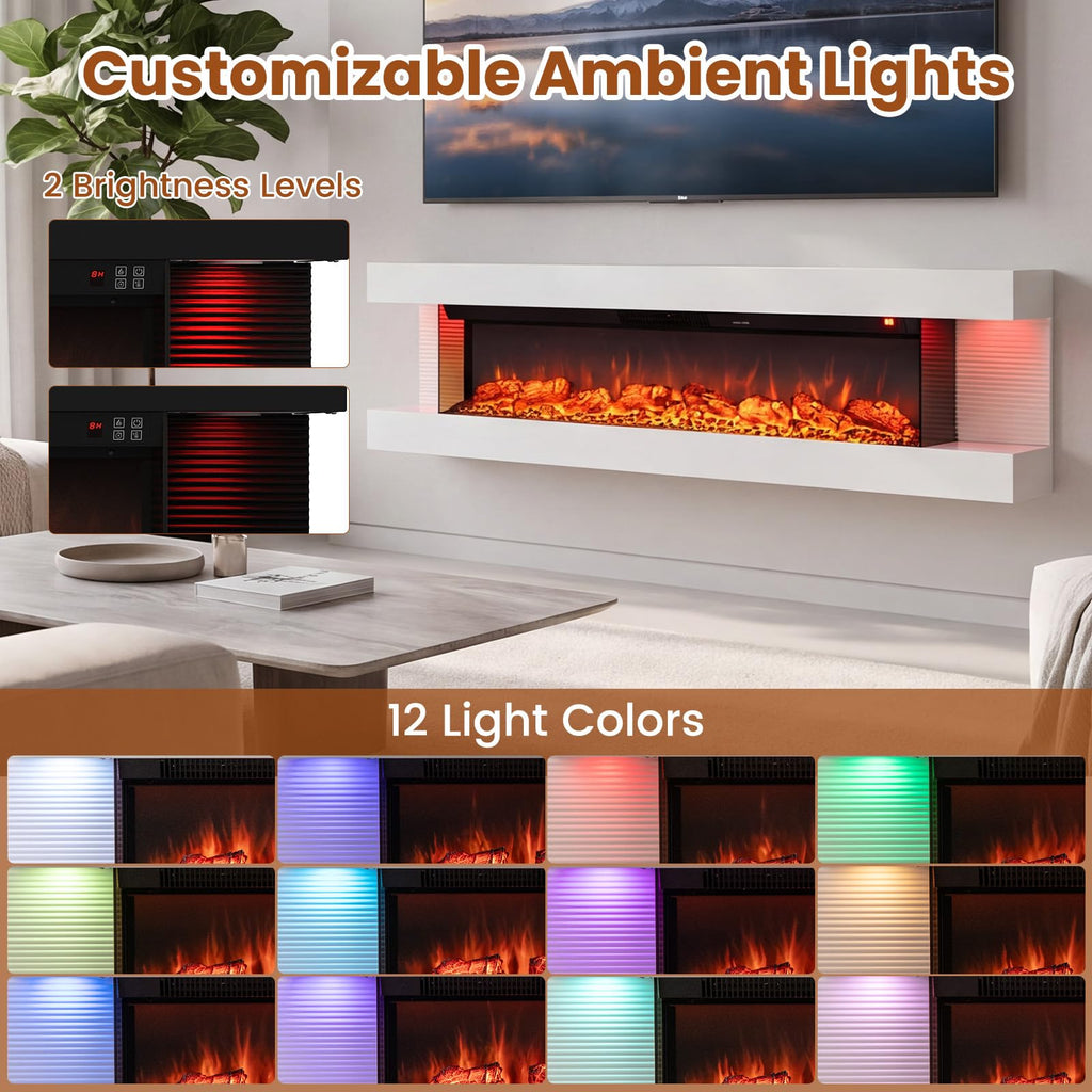 3 Sided Wall Mount Electric Fireplace w/ 60" Floating Mantel, White