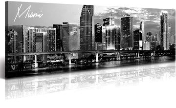 Miami Skyline Canvas Wall, Black White Urban Panorama 13.8×47.3
