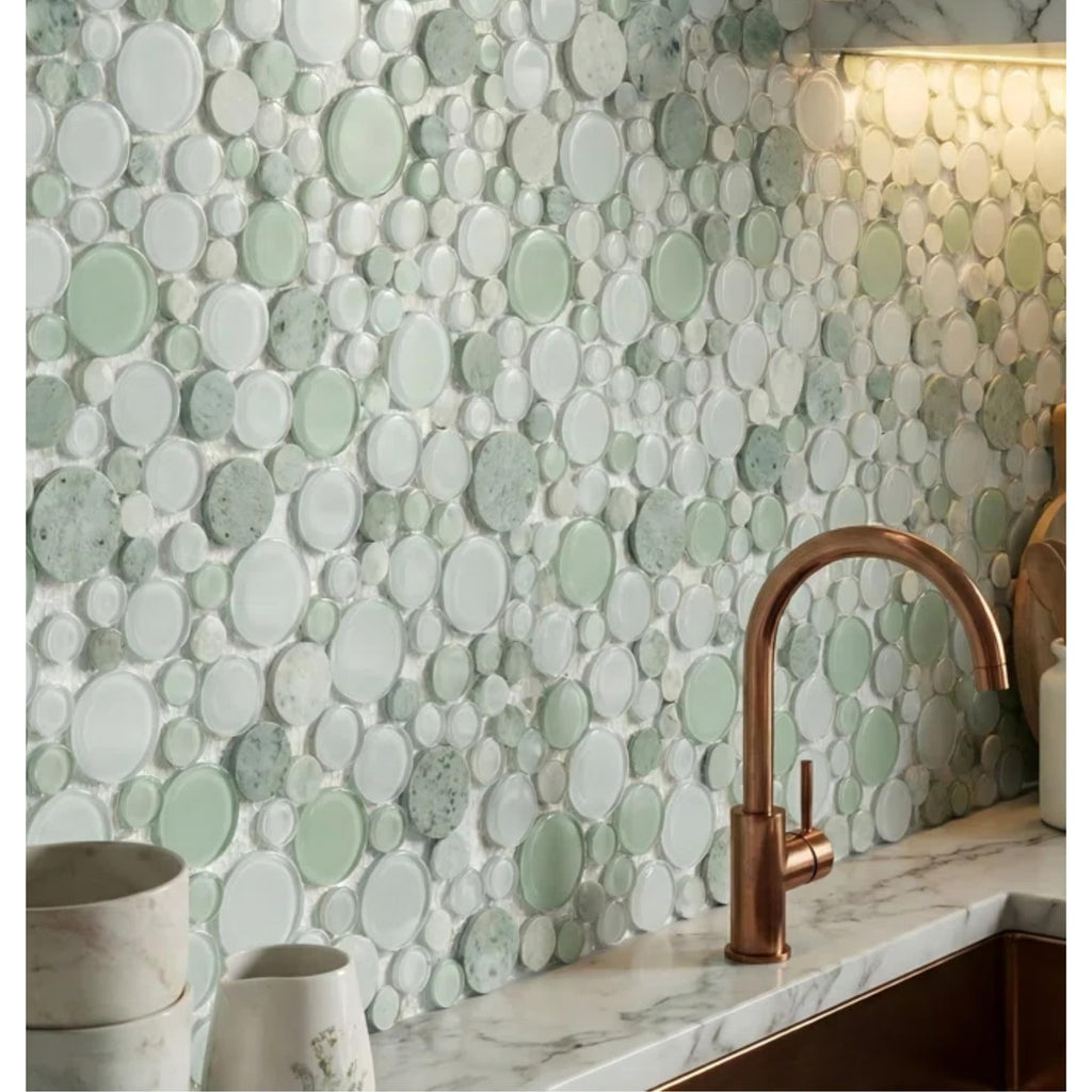 Snow Dove Glass and White Marble Bubbles Mosaic Tile 10.5 x 10.5 in - Frosted and Polished, Mesh-Mounted for