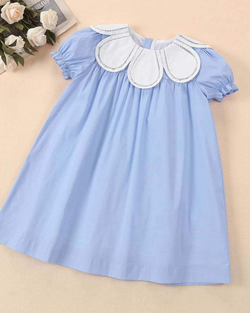 Toddler Baby Girls Casual Cotton Dress with Smocked Flower Collar Kids Vintage Dresses with Shortsleeves for Holiday