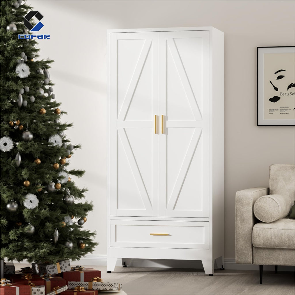 Metal Armoire Wardrobe Closet with Drawer, 71'' Tall Farmhouse Bedroom Armoires with Doors and Hanging Rod