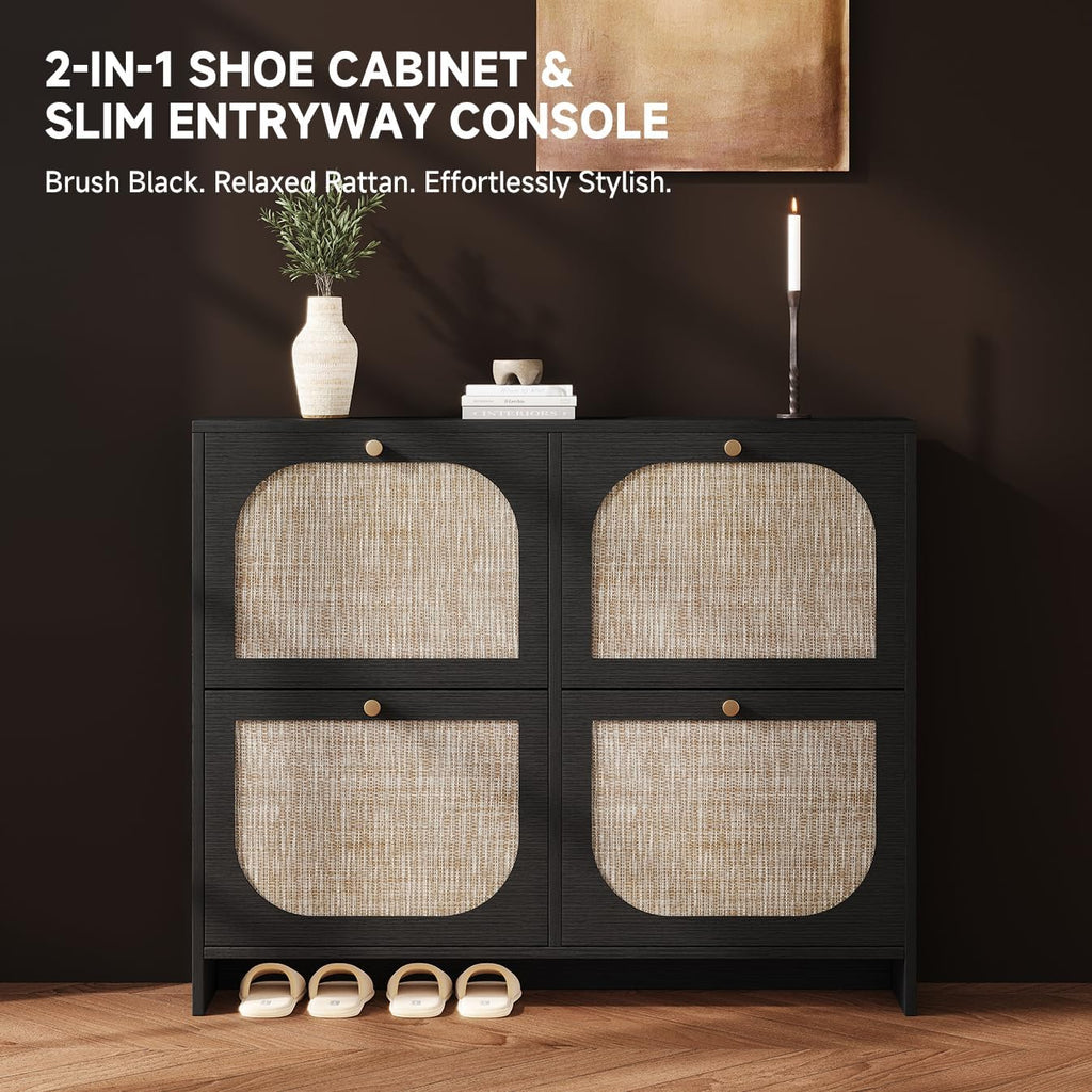 Shoe Storage Cabinet , Rattan Vintage Flip Shoe Rack- 4 Flip Drawers & 3-Tier Adjustable Shelves,Boho Shoe Organizer