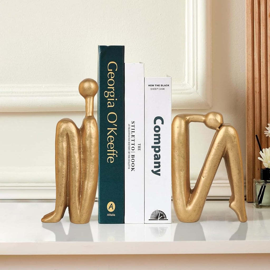 Thinker Cast Iron Bookends, Heavy-Duty Decorative Book End Stoppers for Shelves, Abstract Decor Aesthetic, Smooth