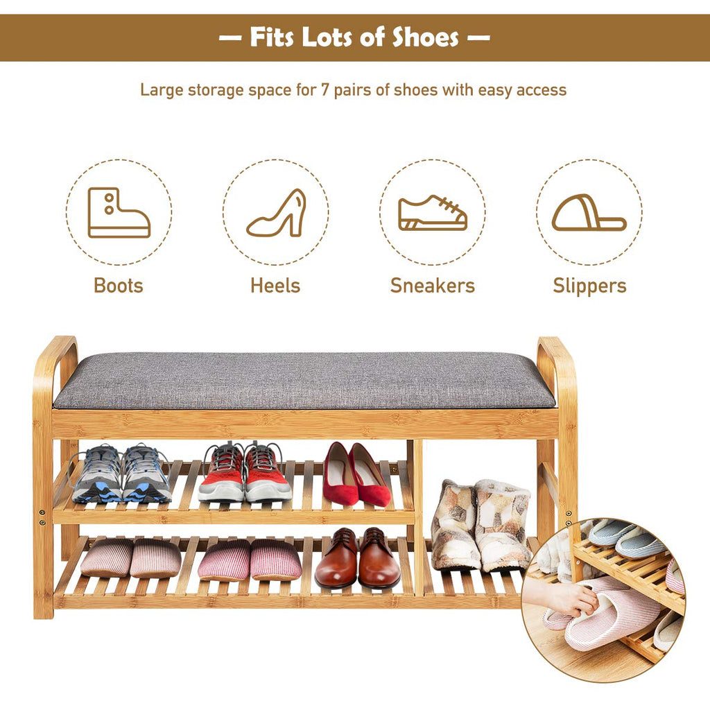 Bamboo Shoe Bench, 3-Tier Entryway Bench with Cushion, Max Load 330 LBS, Modern Stool Storage Shelf Living Room Hallway