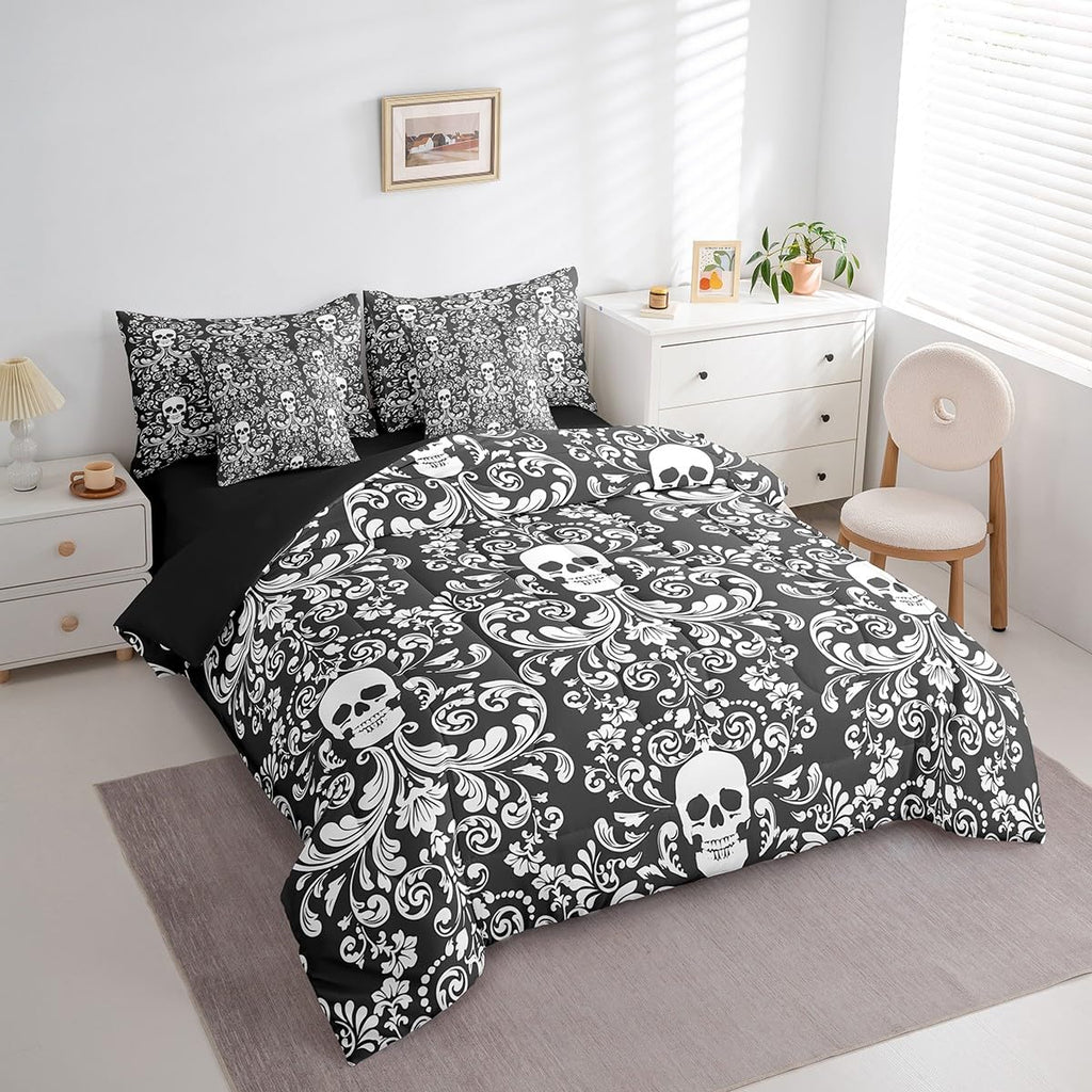 Damask Gothic Bedding Set Adults Antique Victorian 7 Piece Comforter Set Full Bed in a Bag, Black and White Sugar