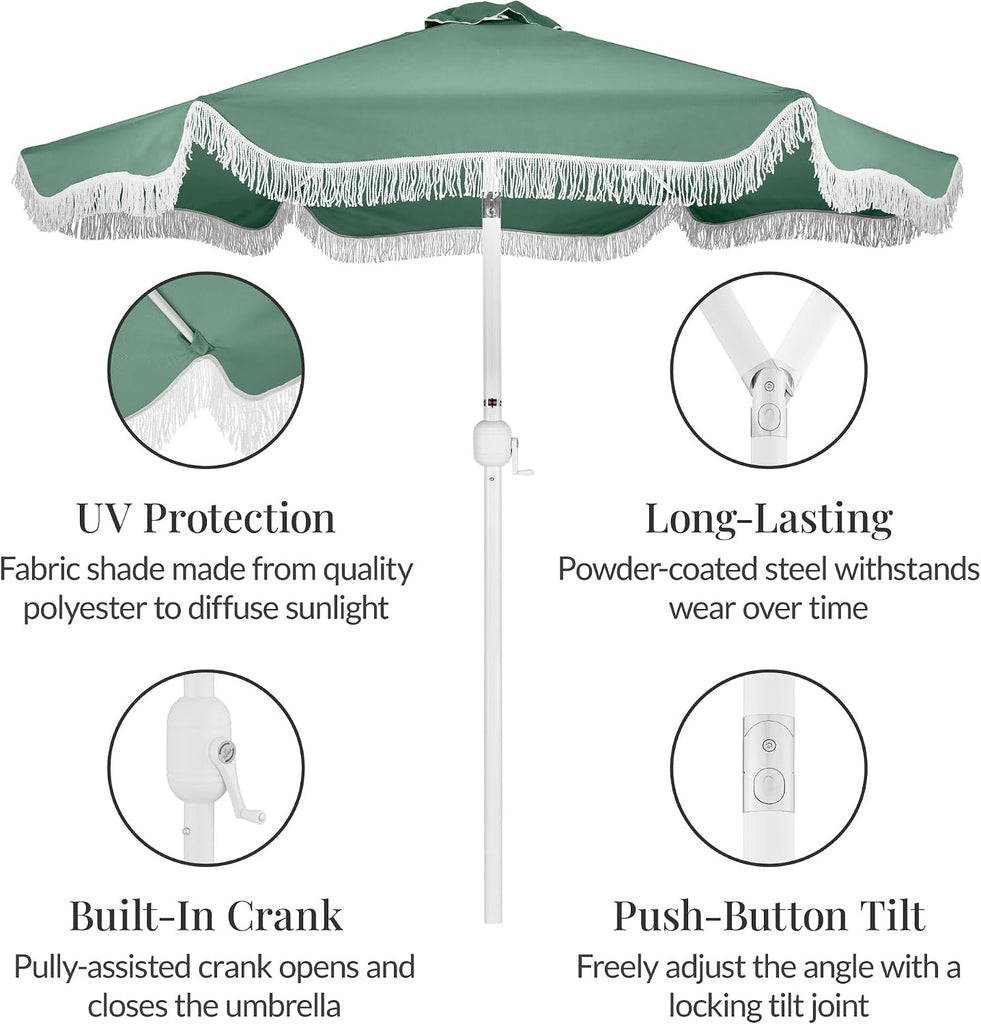 9ft Fringe Market Patio Umbrella - Outdoor Boho Tassel Sunshade for Table, Pool, Deck, Backyard - Seaglass