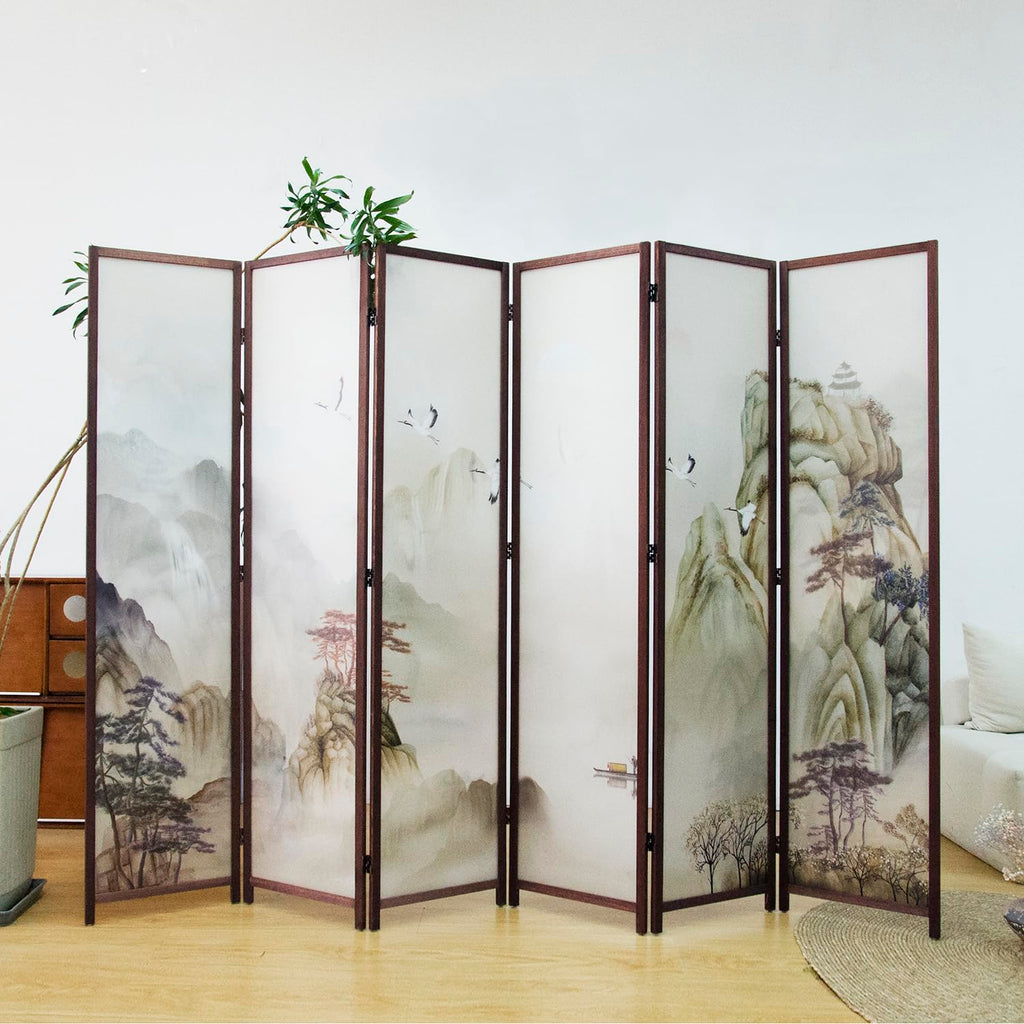 6 Panel Room Divider Screen, Double Faced Room Divider Folding Wall Divider for Room Separation, Mountains and Waters